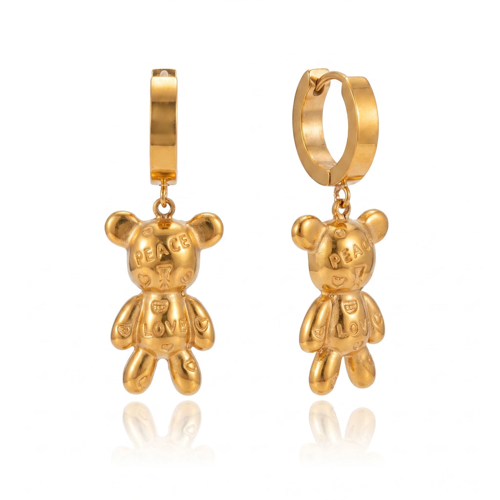 QIAOREN 14378 Peace Love Engraved Teddy Bear Dangle Huggie Hoop Earrings, Stainless Steel Drop Earrings Jewelry Gift for Daily