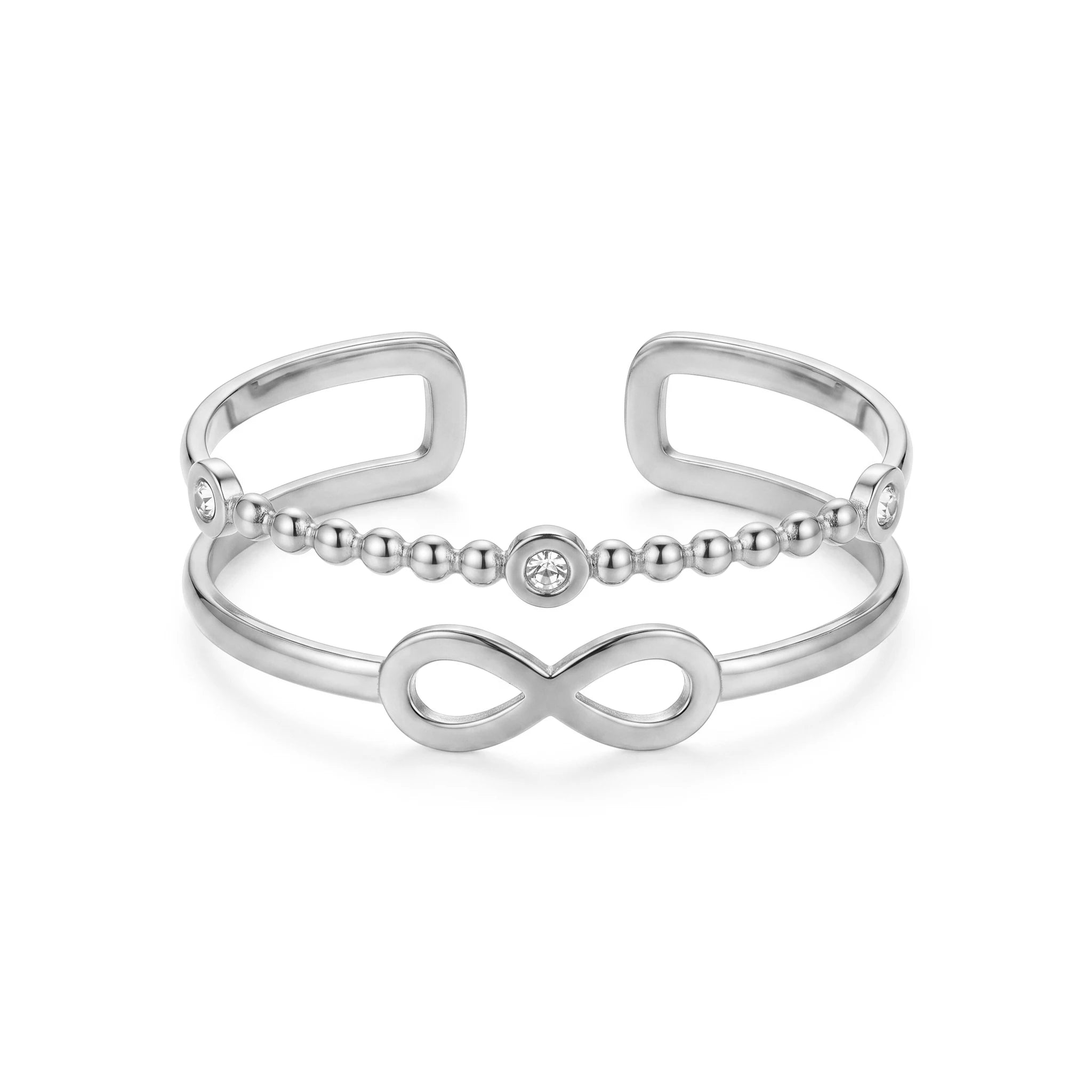 QIAOREN 11884 Minimalist Double Layer Infinity Cuff Bracelet 18K Gold Stainless Steel Beaded CZ Open Bangle Daily Wear Jewelry
