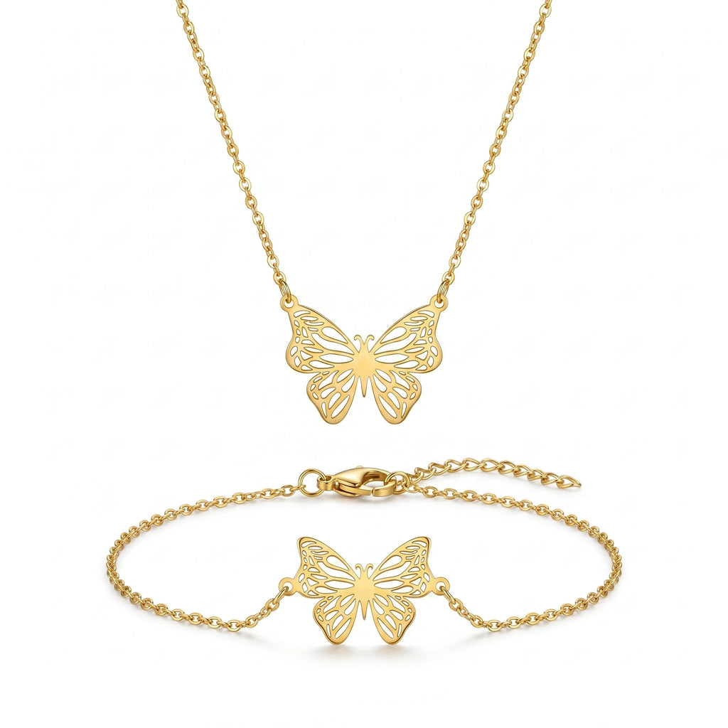 QIAOREN 12234 Trendy 2Pcs Hollow Butterfly Necklace Bracelet Set Gold Stainless Steel Filigree Aesthetic Jewelry for Women US EU