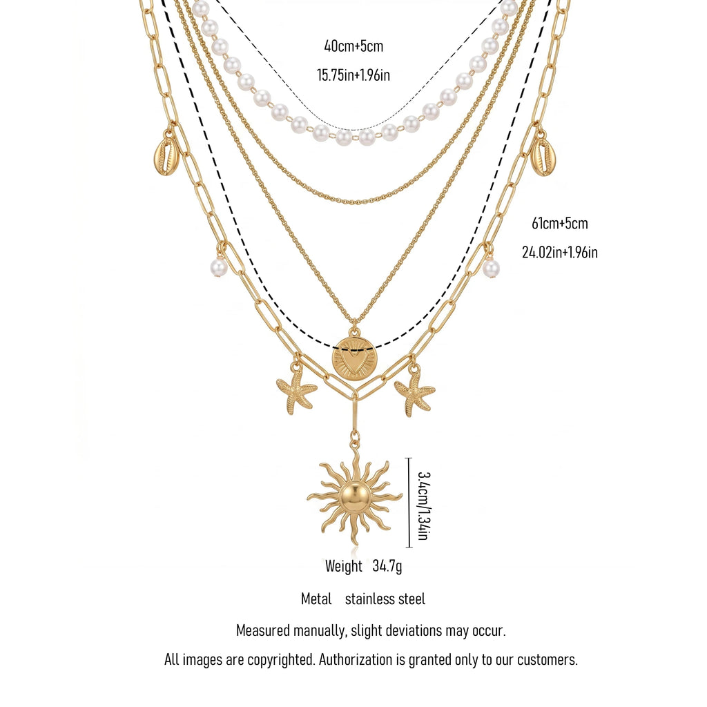 QIAOREN 11532 18K Gold Plated 4 Layer Pearl Cowrie Shell Starfish Sun Pendant Necklace Stainless Steel