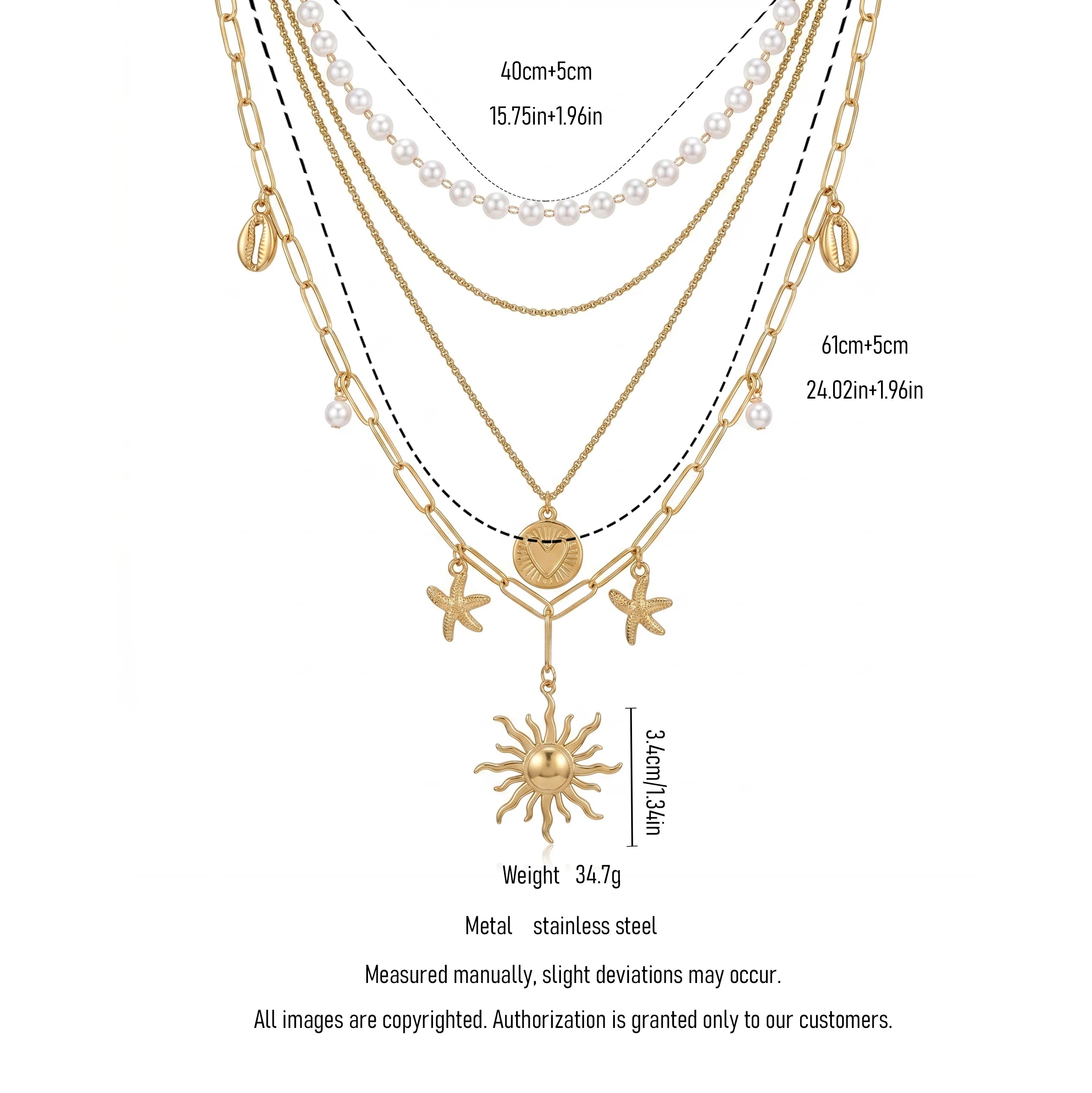 QIAOREN 11532 18K Gold Plated 4 Layer Pearl Cowrie Shell Starfish Sun Pendant Necklace Stainless Steel