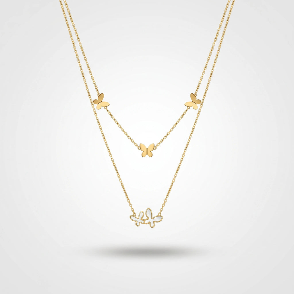 QIAOREN 13937 Double Layer Thin Chain Butterfly Pendant Necklace with Solid Butterflies & Intertwined Mother of Pearl Butterfly