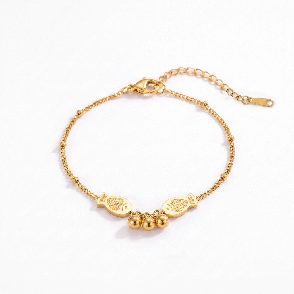 QIAOREN 14003 Beaded Cable Chain Anklet with Two Textured Fish Charms and Three Dangling Round Beads