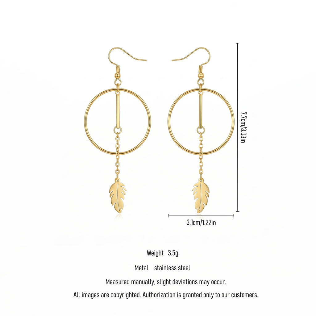 QIAOREN 11853 Elegant Minimalist Circle Bar  Drop Earrings Gold Stainless Steel Long Tassel Leaf Jewelry Gift for Women EU US