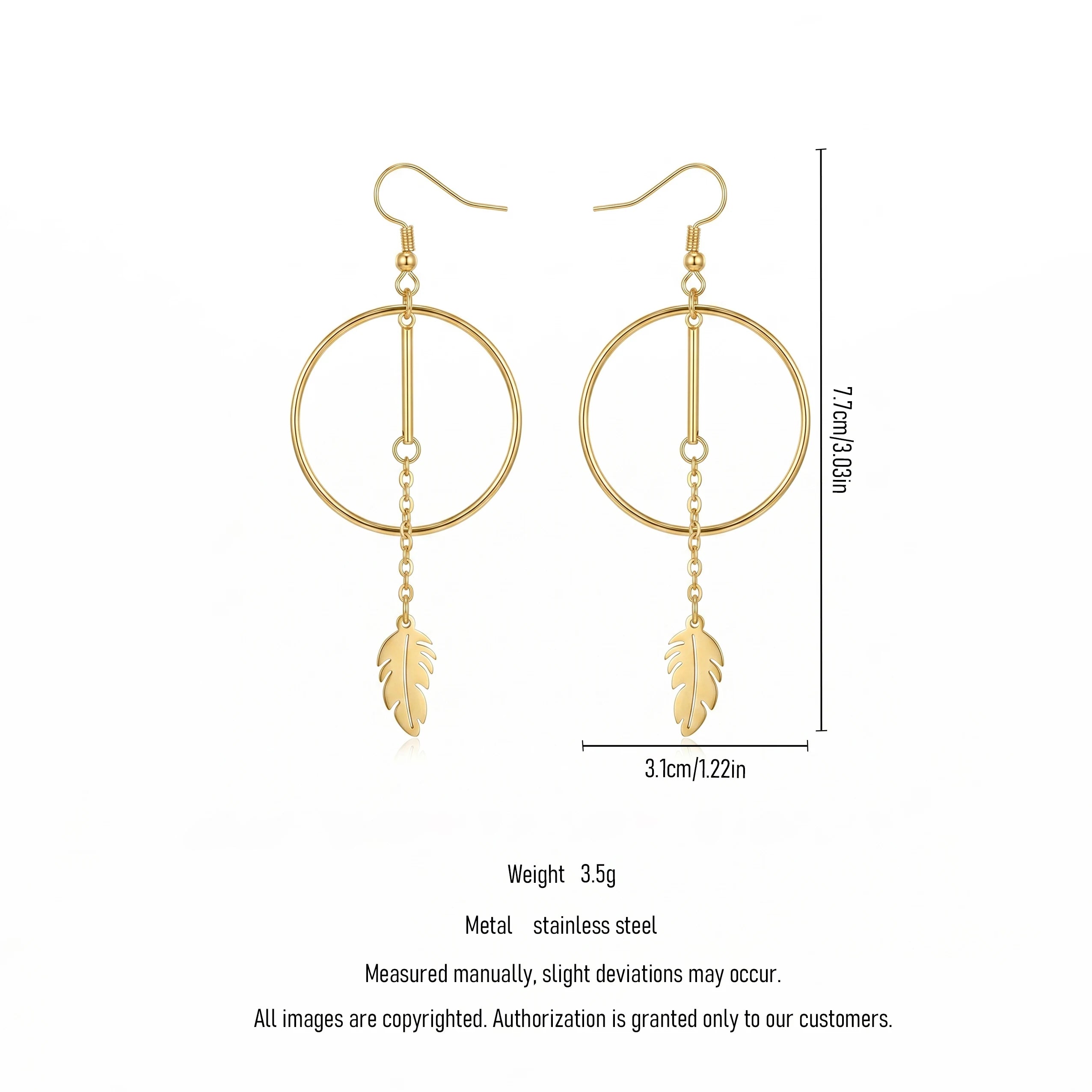 QIAOREN 11853 Elegant Minimalist Circle Bar  Drop Earrings Gold Stainless Steel Long Tassel Leaf Jewelry Gift for Women EU US