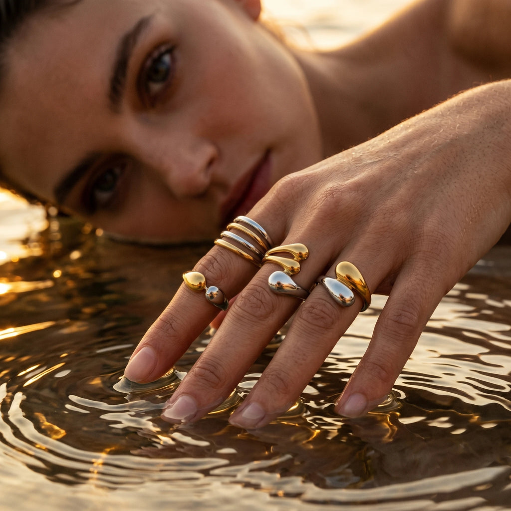 QIAOREN 12998-01 Gold Silver Plated Adjustable Open Stack Ring Set for Women Minimalist Geometric Statement Rings