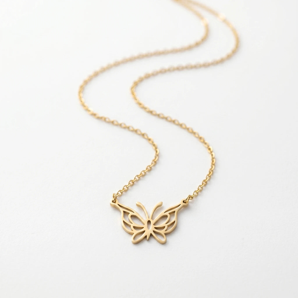 QIAOREN 11982 Trend Bohemian Jewelry Stainless Steel Gold Plated Hollow Cut Butterfly Pendant Necklace  Cable Chain Necklaces