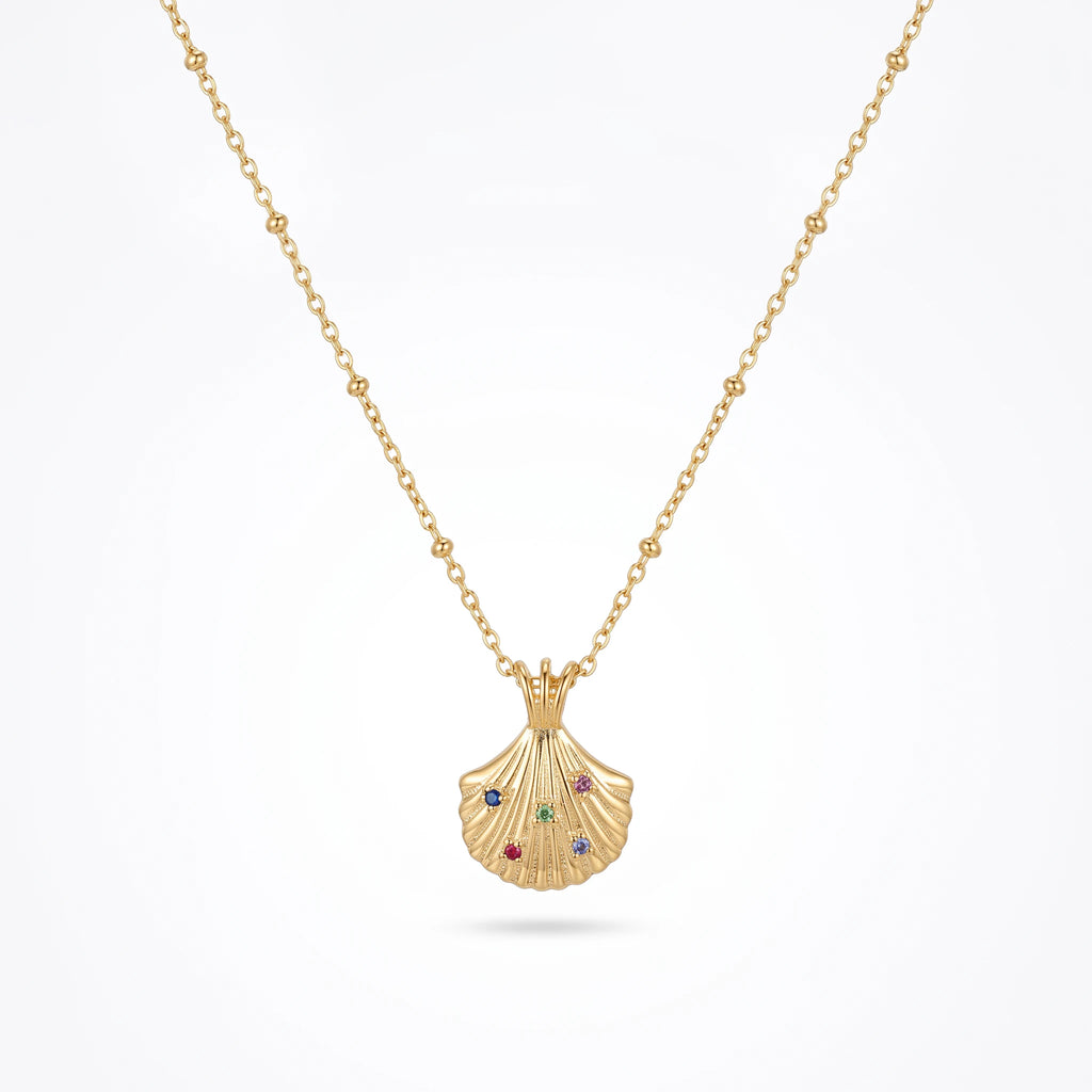 QIAOREN 13550 Stainless Steel Seashell Pendant Necklace Gold Colorful CZ Shell Charm Beach Jewelry Summer Necklace for Women