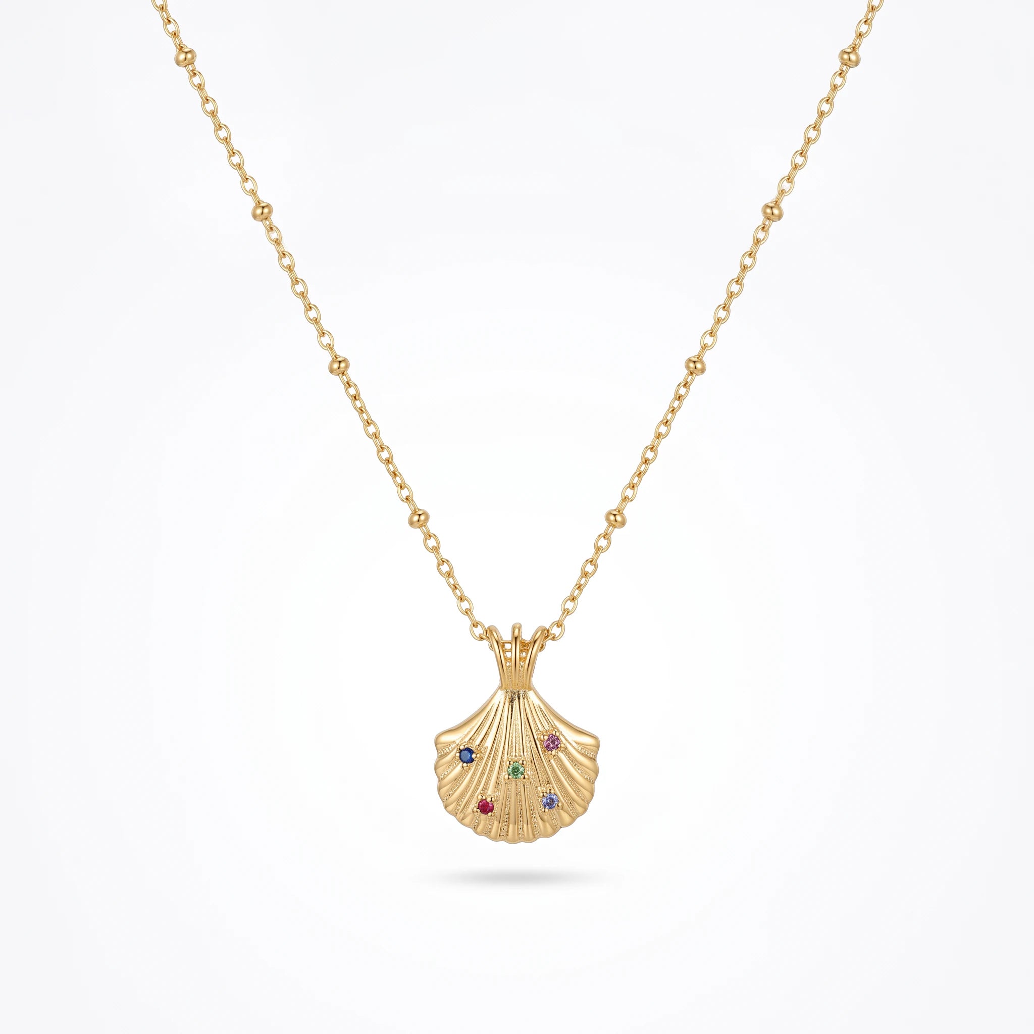 QIAOREN 13550 Stainless Steel Seashell Pendant Necklace Gold Colorful CZ Shell Charm Beach Jewelry Summer Necklace for Women