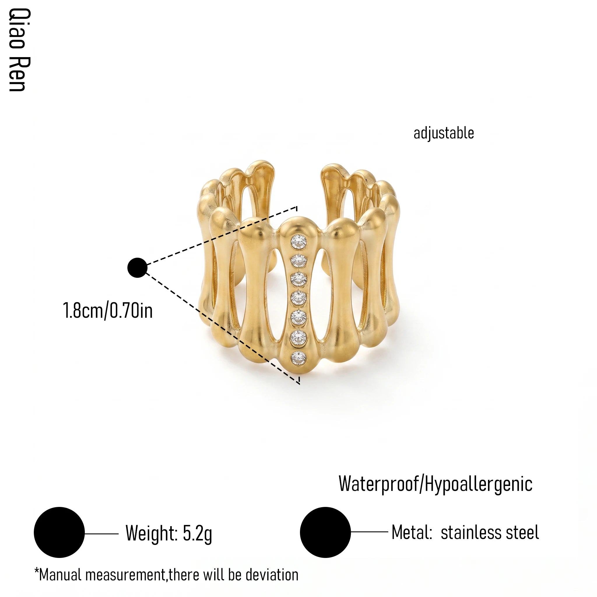 QIAOREN 14251- 61 Vintage Textured Gold Open Cuff Ring Set, Hippie Bohemian Stackable Adjustable Rings for Women