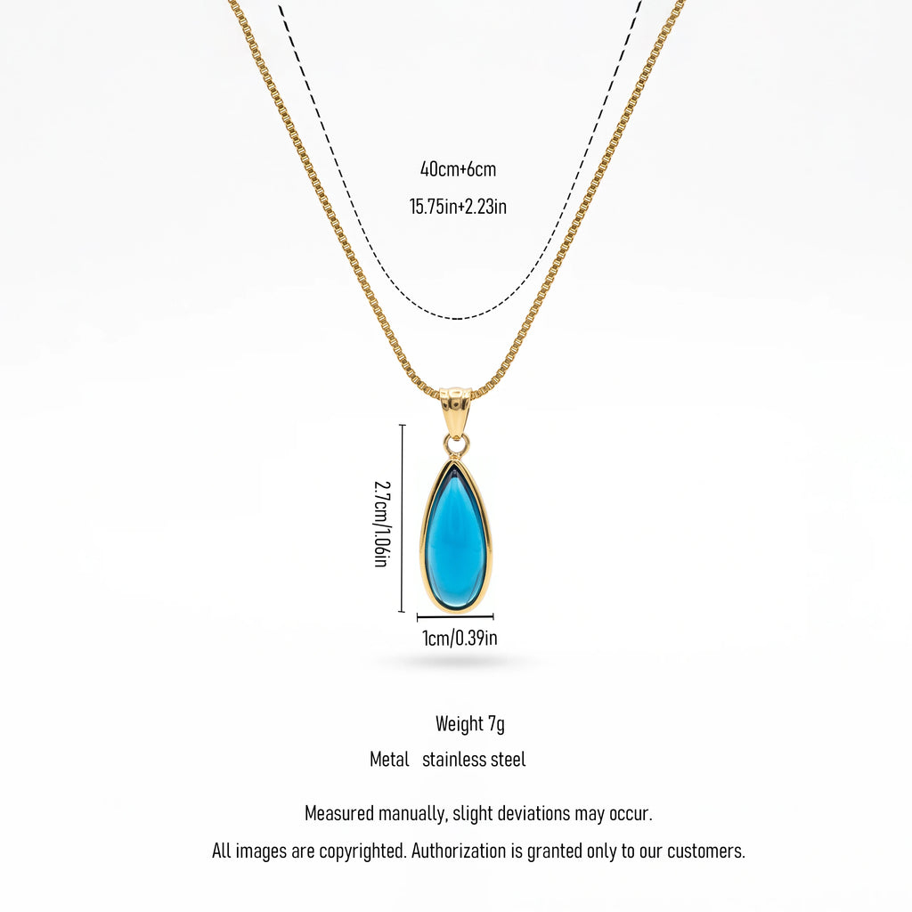 QIAOREN 13844 Stainless Steel Blue Teardrop Pendant Necklace Waterproof Hypoallergenic Minimalist Jewelry for Women