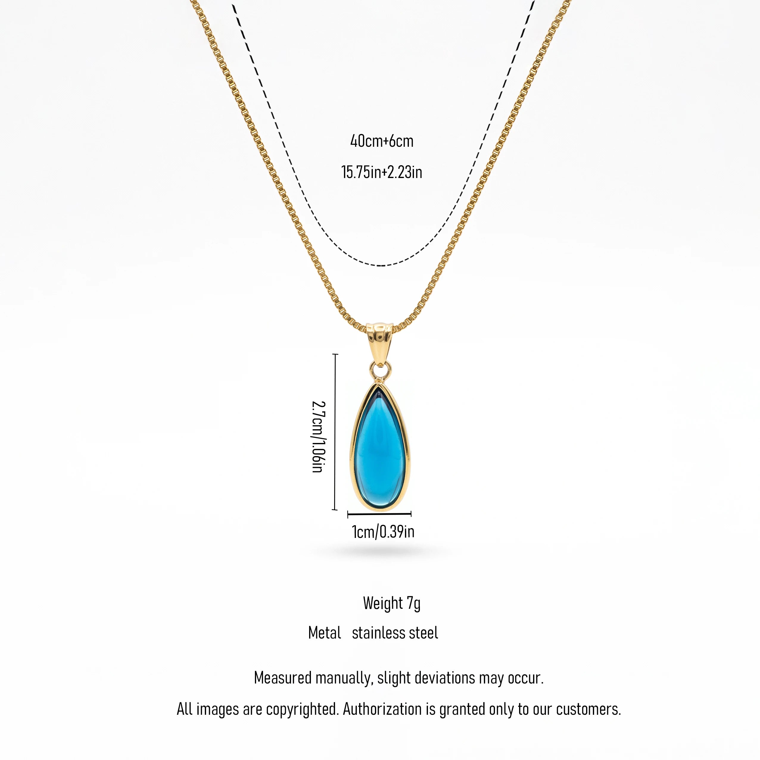 QIAOREN 13844 Stainless Steel Blue Teardrop Pendant Necklace Waterproof Hypoallergenic Minimalist Jewelry for Women