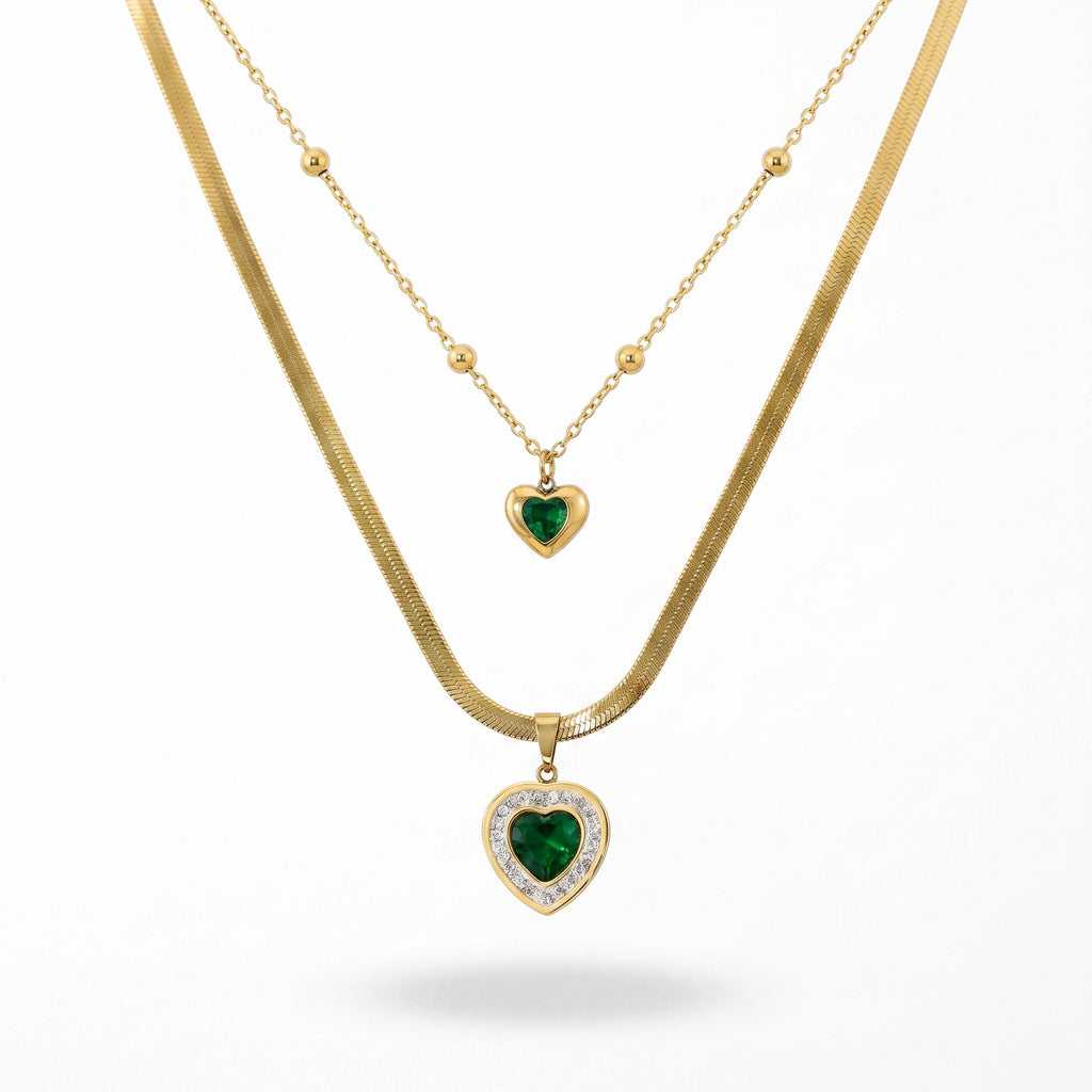 QIAOREN 13527 Double Layer Green Heart Pendant Stack Necklace with Flat Snake & Beaded Cable Chain, Small & Large Emerald Zircon