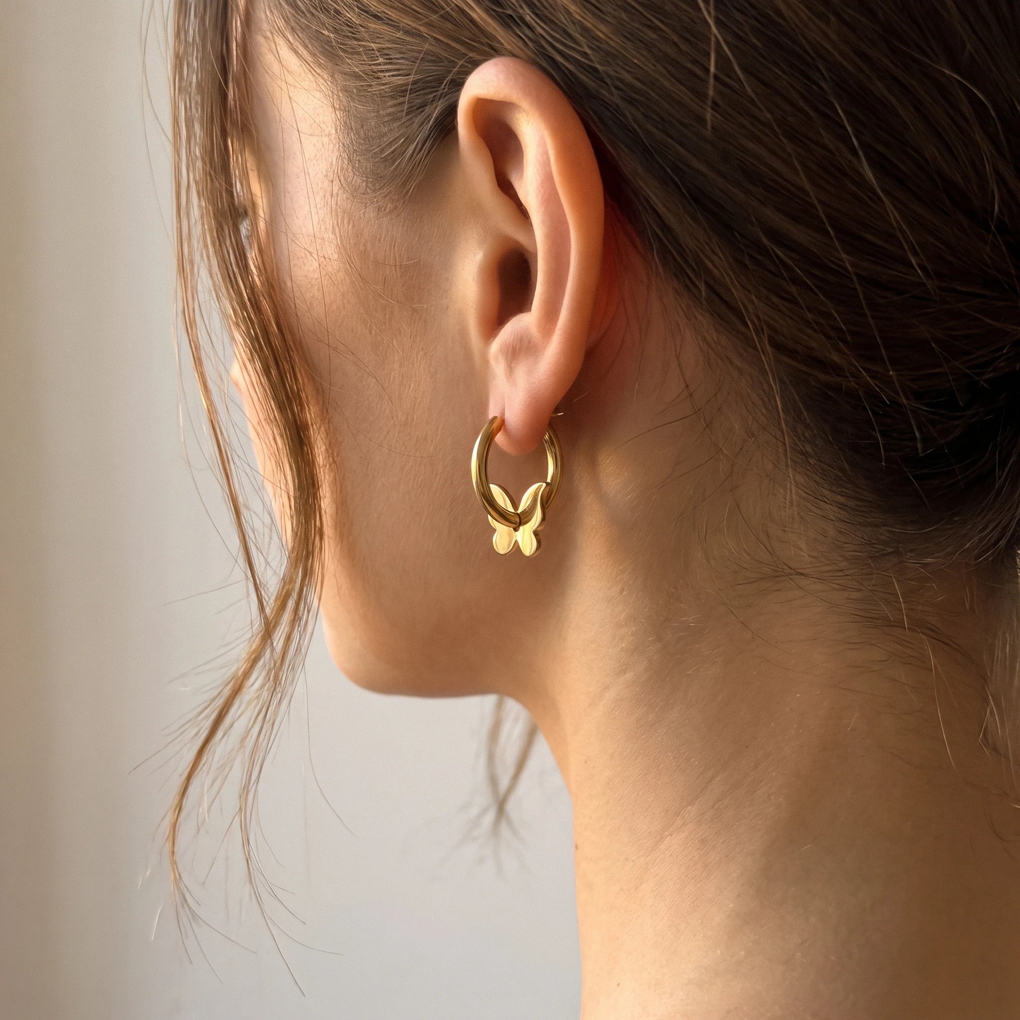QIAOREN 14428 Butterfly Charm Huggie Hoop Earrings, Gold Plated Stainless Steel Small Hoop Earrings Jewelry Gift