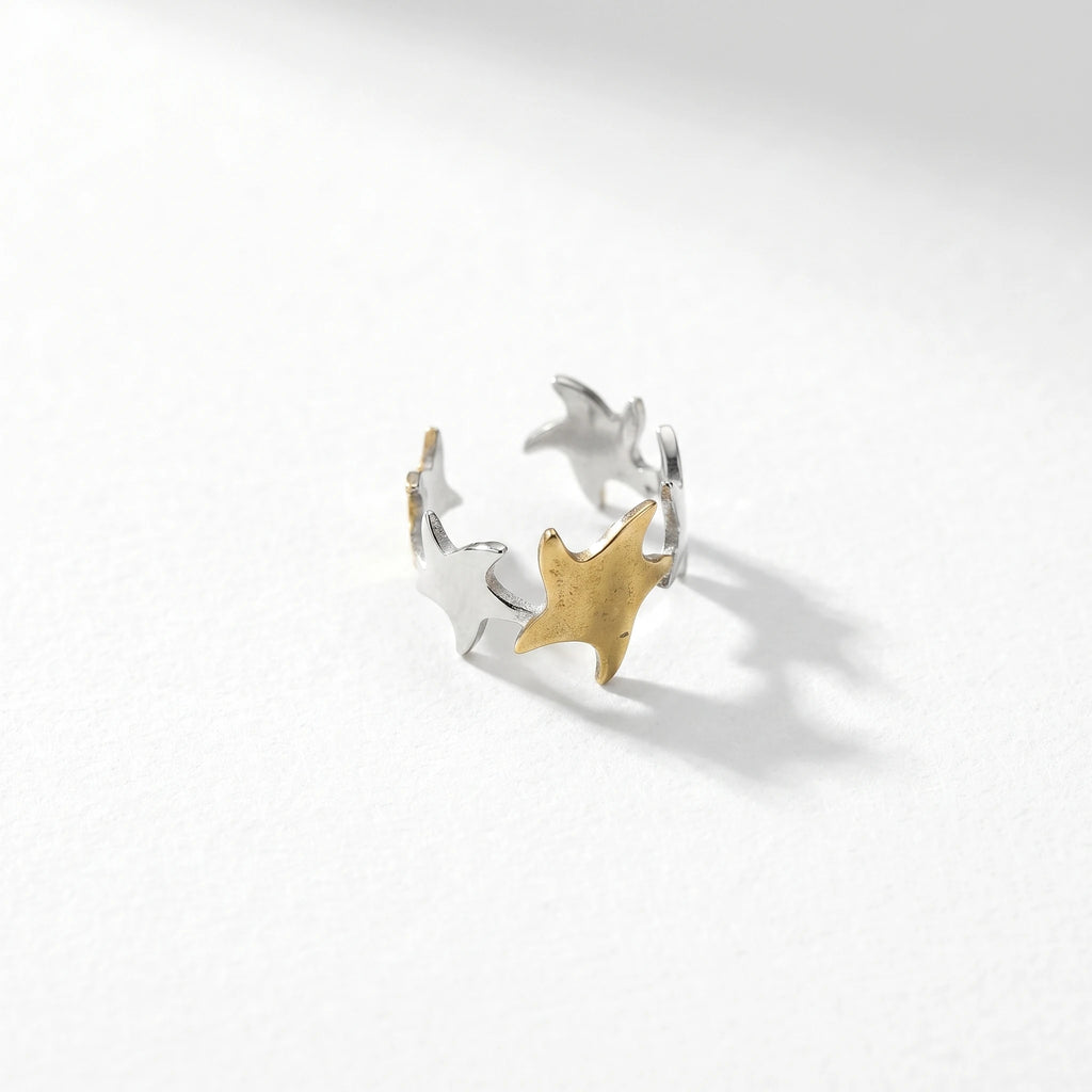 QIAOREN 12964-67 Gold Plated Stainless Steel Two Tone Snake Star Adjustable Rings Set Tarnish Free Waterproof Jewelry