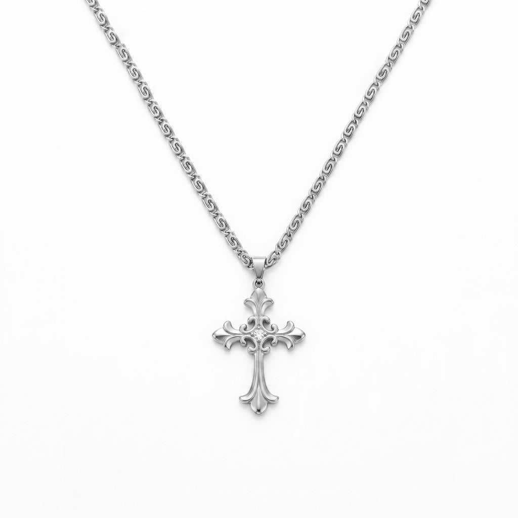 QIAOREN 11969 Wholesale 18K Gold Plated Stainless Steel Cross Pendant Necklace Vintage Engraved Floral Link Chain Engagement