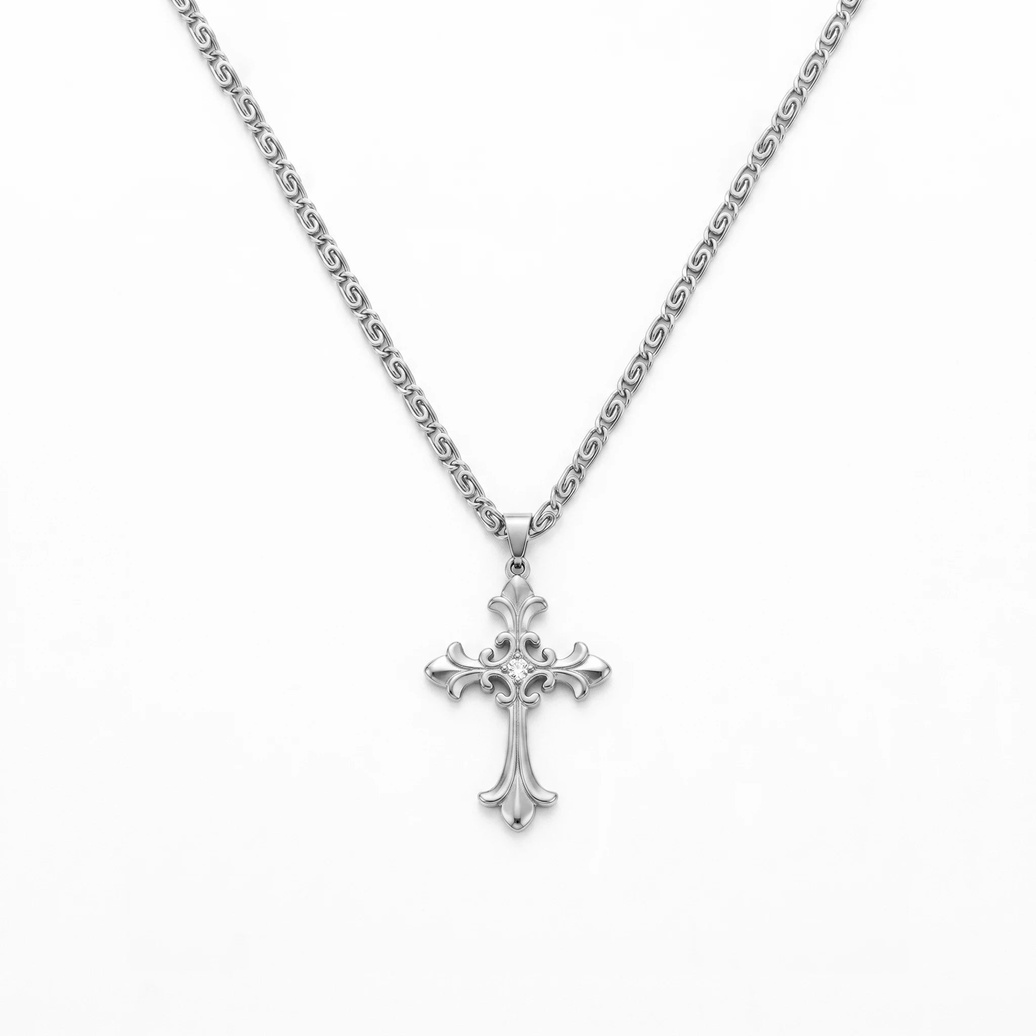 QIAOREN 11969 Wholesale 18K Gold Plated Stainless Steel Cross Pendant Necklace Vintage Engraved Floral Link Chain Engagement
