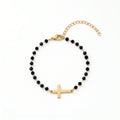 QIAOREN 12892 18K Gold Plated Sideways Cross Bracelet, Waterproof Tarnish Free Stainless Steel Black Bead Rosary Jewelry Women