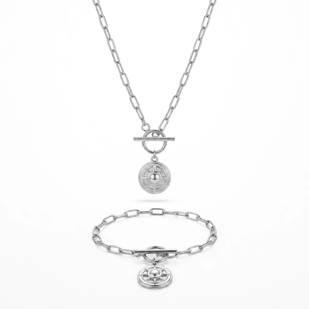 QIAOREN 11897 Waterproof Compass Sun Disc Jewelry Set 18K Gold Stainless Steel 2Pcs Toggle Clasp Paperclip Chain Jewelry