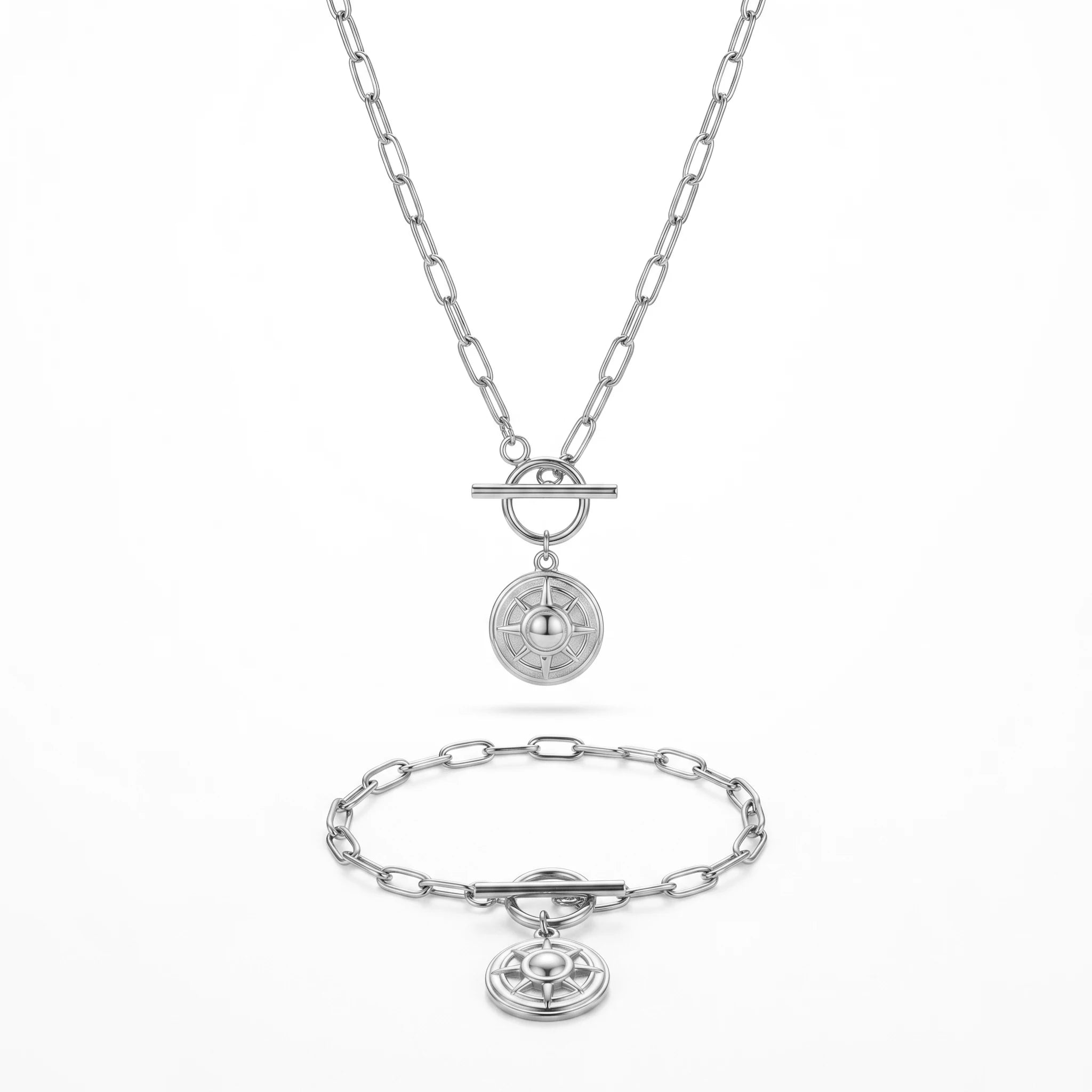 QIAOREN 11897 Waterproof Compass Sun Disc Jewelry Set 18K Gold Stainless Steel 2Pcs Toggle Clasp Paperclip Chain Jewelry