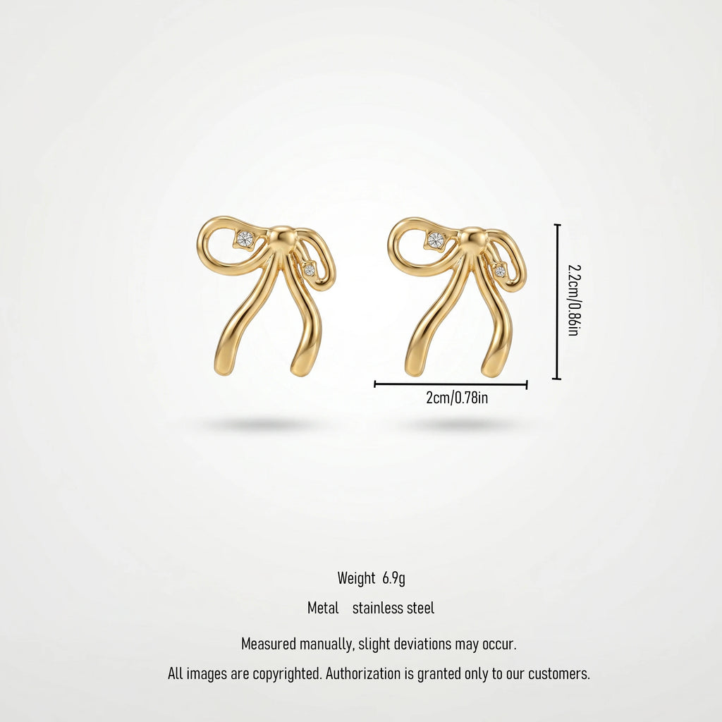 QIAOREN 12268 Trendy Coquette Ribbon Bow Earrings 18K Gold Plated Stainless Steel CZ Studs Balletcore Jewelry Women Party US EU