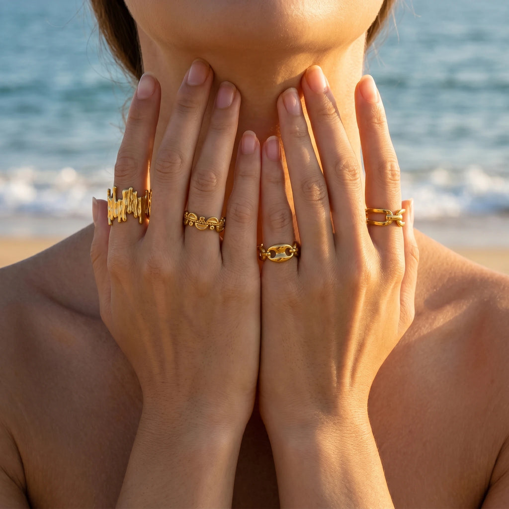 QIAOREN 5Pcs 18K Gold Plated Stainless Steel Open Ring Set, Adjustable Stackable Durable Finger Rings