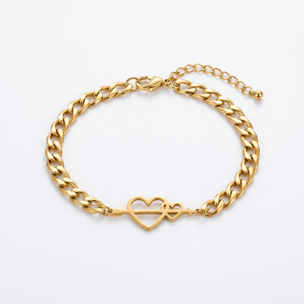 QIAOREN 11737 18K Gold Plated Stainless Steel Anti-Tarnish Cupid Heart Arrow Anklet Adjustable Cuban Foot Chain
