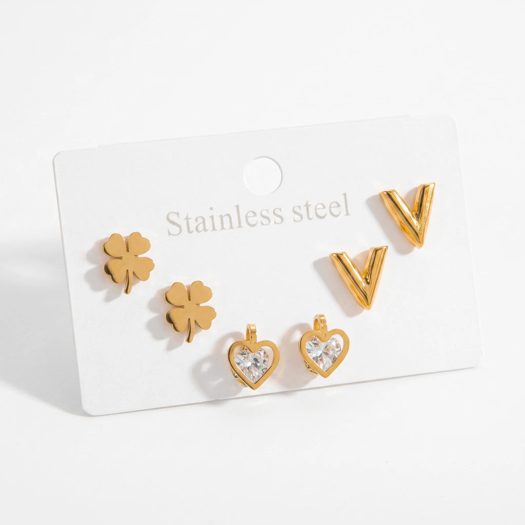 QIAOREN 14459 3 Pair Gold Stainless Steel Stud Earrings Set, Clover, V Shape & Heart CZ Inlaid Studs for Daily Jewelry