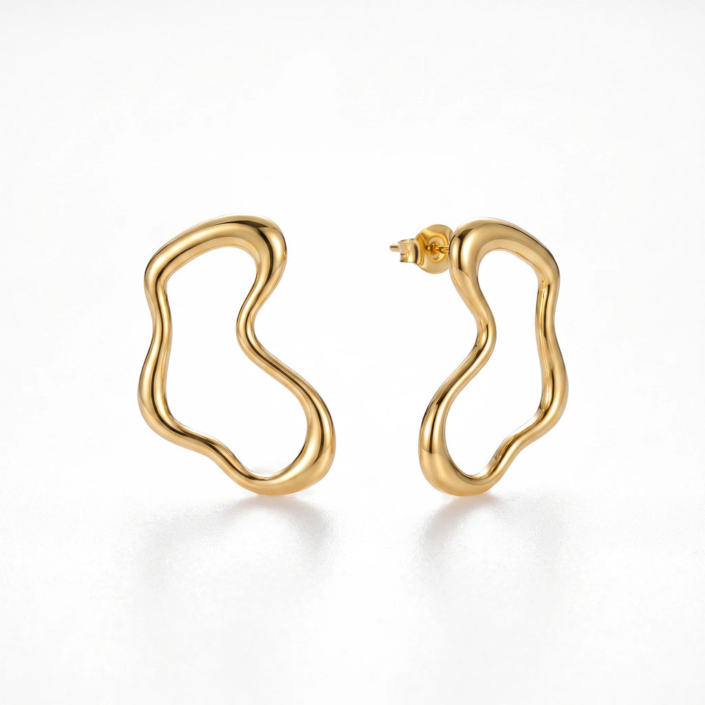 QIAOREN 14549 Irregular Wavy Open Hoop Earrings, Abstract Organic Curved Hollow Gold Plated Geometric Stud Earrings