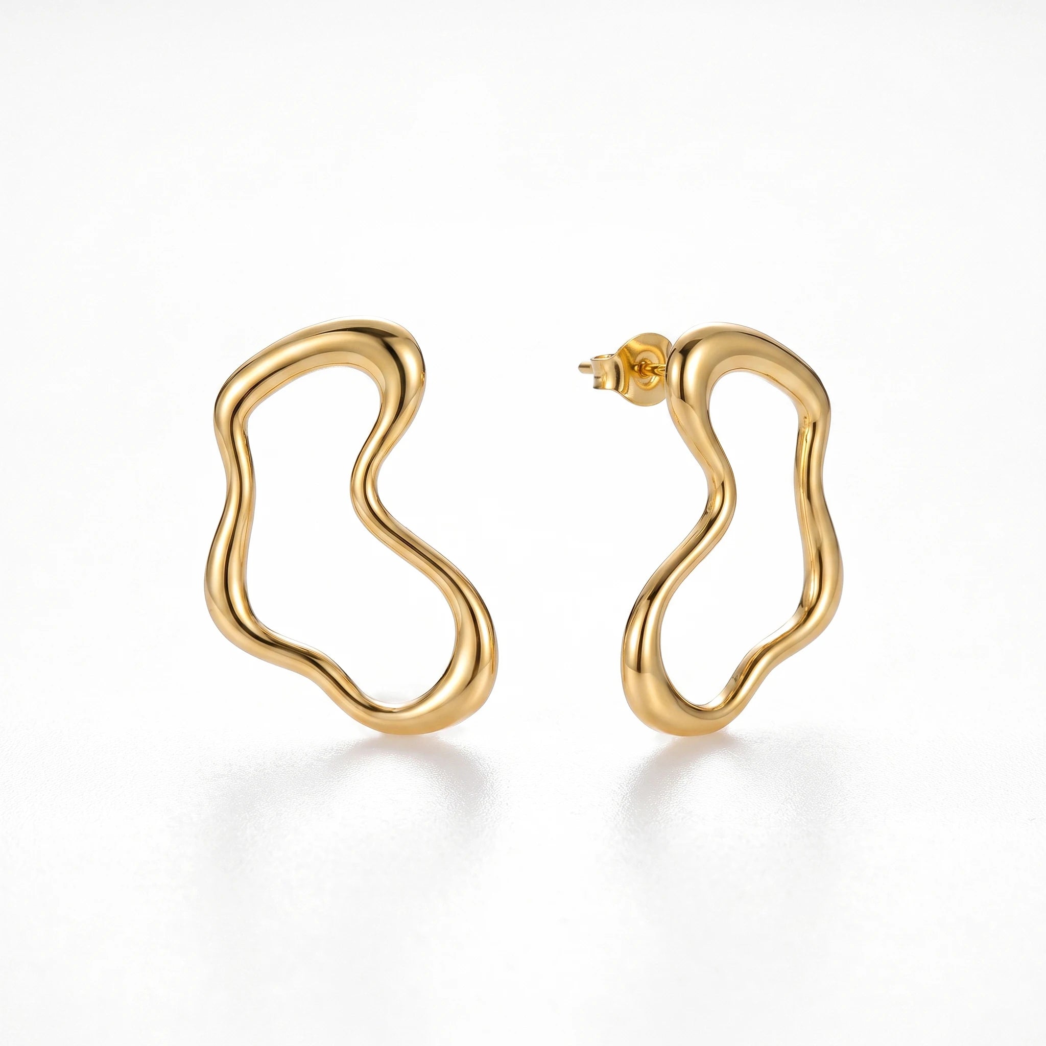 QIAOREN 14549 Irregular Wavy Open Hoop Earrings, Abstract Organic Curved Hollow Gold Plated Geometric Stud Earrings