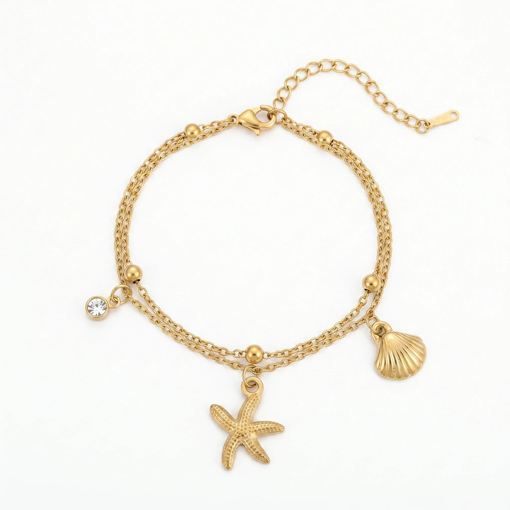 QIAOREN 11437 Dainty Boho Ocean Theme Bracelet With Starfish Seashell CZ Accent 18K Gold Plated Stainless Steel