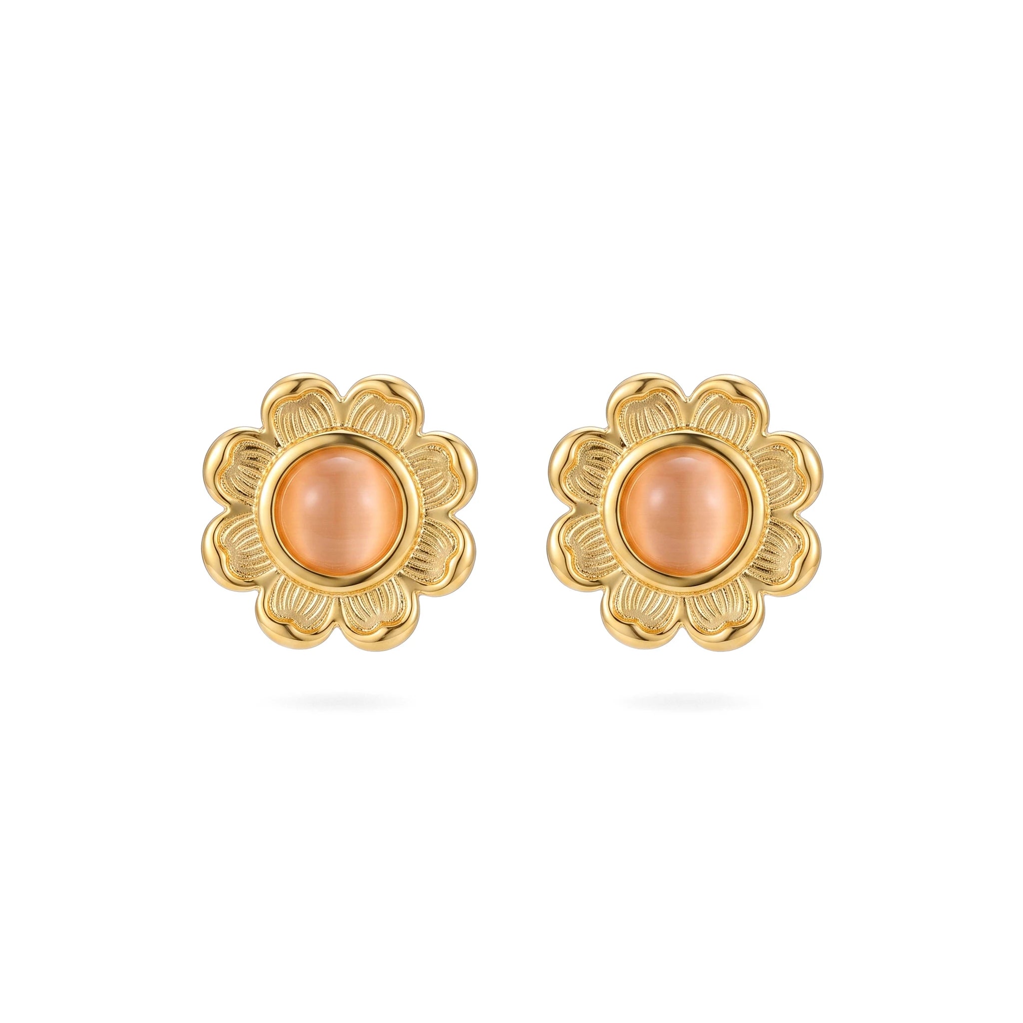QIAOREN 13267 Gold Tone Daisy Flower Stud Earrings Inlaid Round Pink Cat Eye Stone Sunflower Shape Pin Studs Warm Retro Gentle