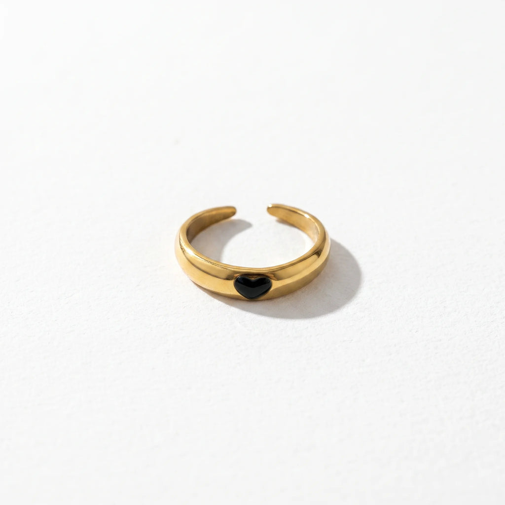 QIAOREN 14175-79 Black Enamel Heart & Sun Open Ring Set, Irregular Love Shape Adjustable Stackable Ring Jewelry Gift