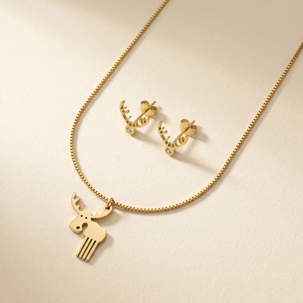QIAOREN 11878 Waterproof Cute Moose Jewelry Set 18K Gold Stainless Steel Pendant Necklace Matching Antler Stud Earrings