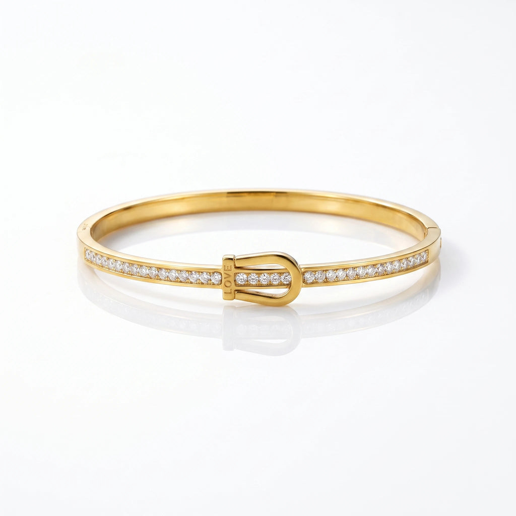 QIAOREN 13661 Polished Buckle Inlaid Clear Zircon Bangle Bracelet with Engraved LOVE Letter, Thin Gold Open Cuff Wrist Jewelry