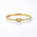 QIAOREN 13661 Polished Buckle Inlaid Clear Zircon Bangle Bracelet with Engraved LOVE Letter, Thin Gold Open Cuff Wrist Jewelry