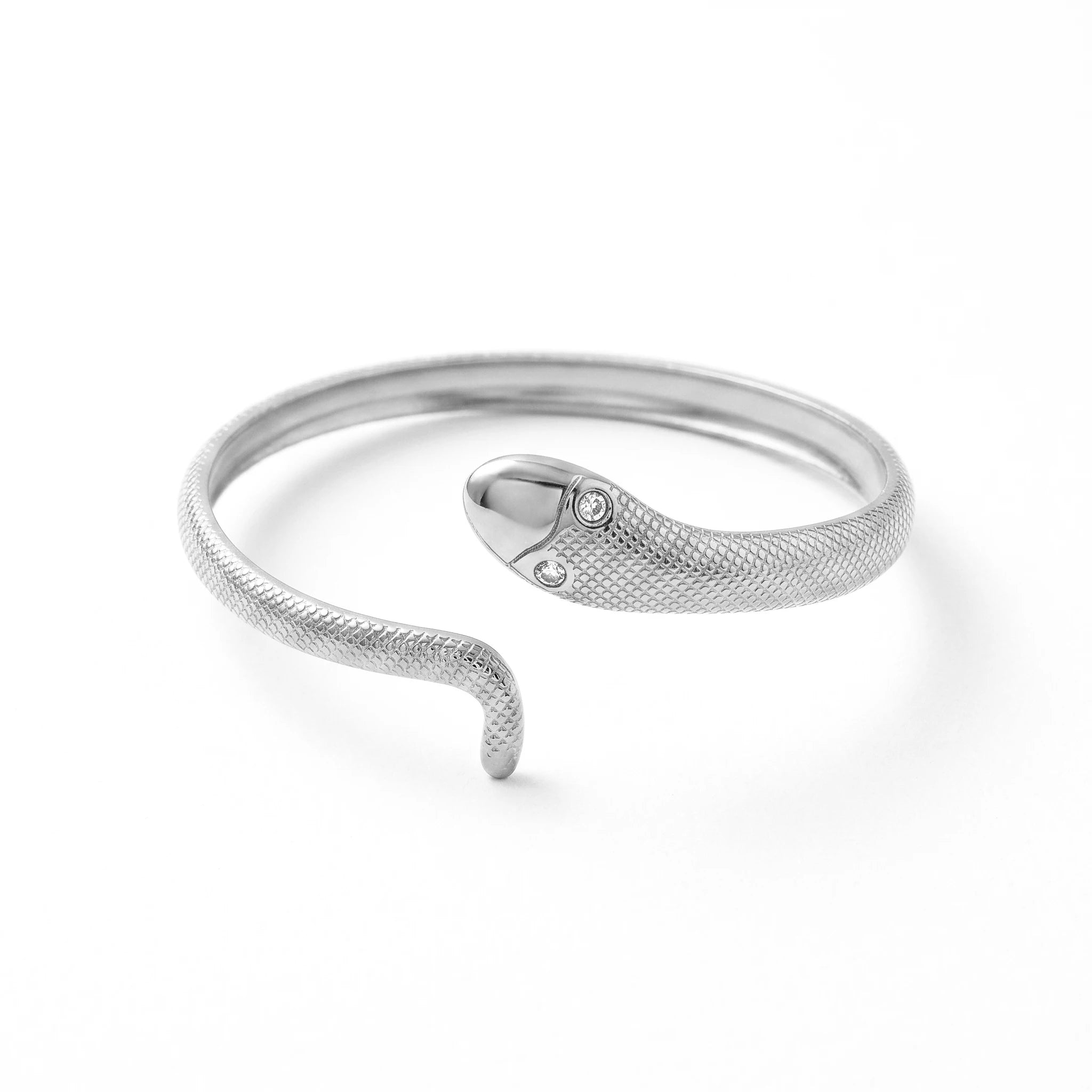 QIAOREN 11890 18K Gold Plated Stainless Steel Anti-Tarnish Textured Snake Cuff Bracelet CZ Eyes Open Wrap Bangle for Women