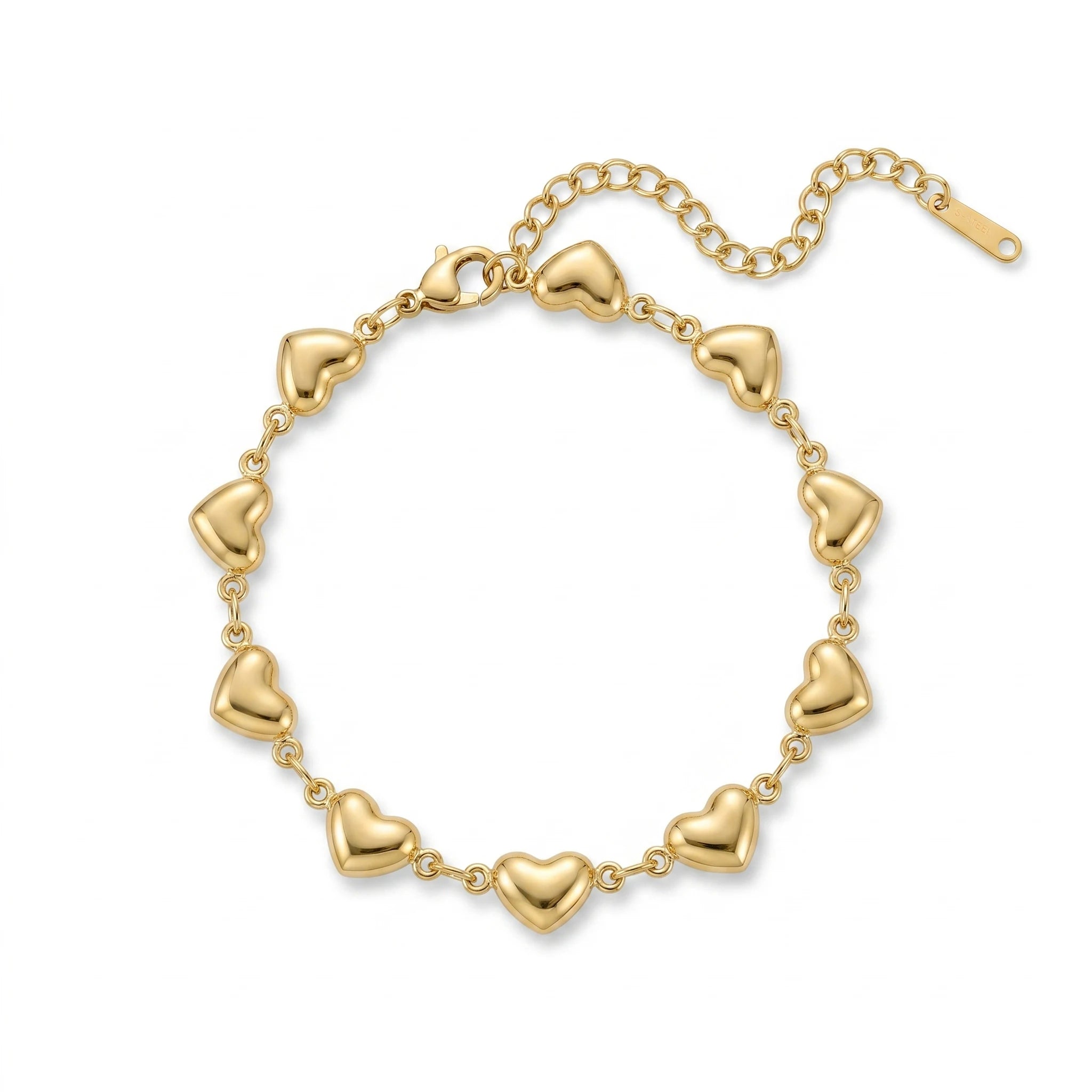 QIAOREN12063 Tarnish Resistant Stainless Steel All Smooth Mini 3D Heart Link Bracelet Lobster Clasp Stackable Wrist Accessory