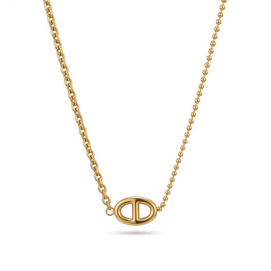 QIAOREN 13721 Asymmetric Dual Link Chain Pendant Necklace, Hollow Oval Double Partition Plain Charm Polished Gold Jewelry