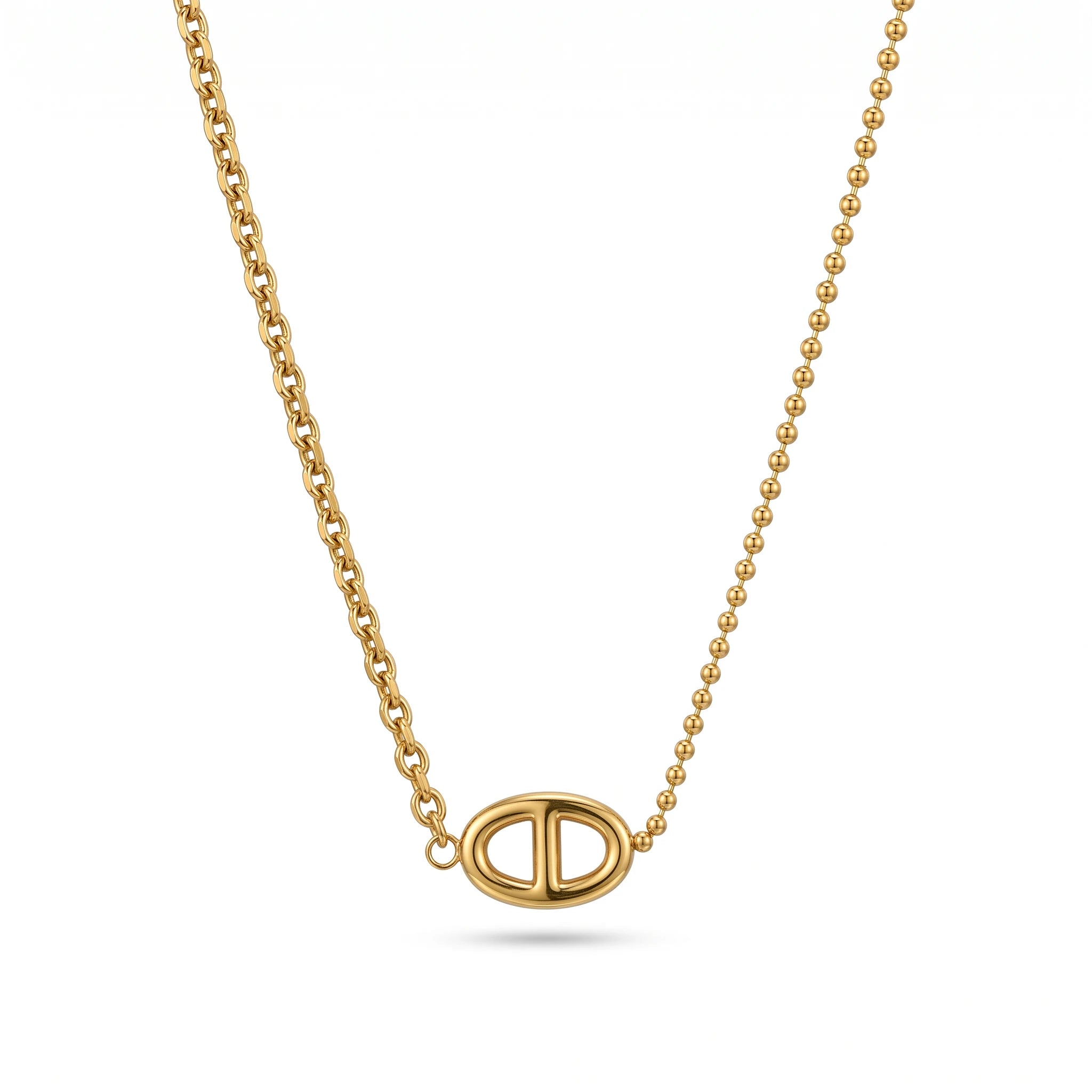QIAOREN 13721 Asymmetric Dual Link Chain Pendant Necklace, Hollow Oval Double Partition Plain Charm Polished Gold Jewelry
