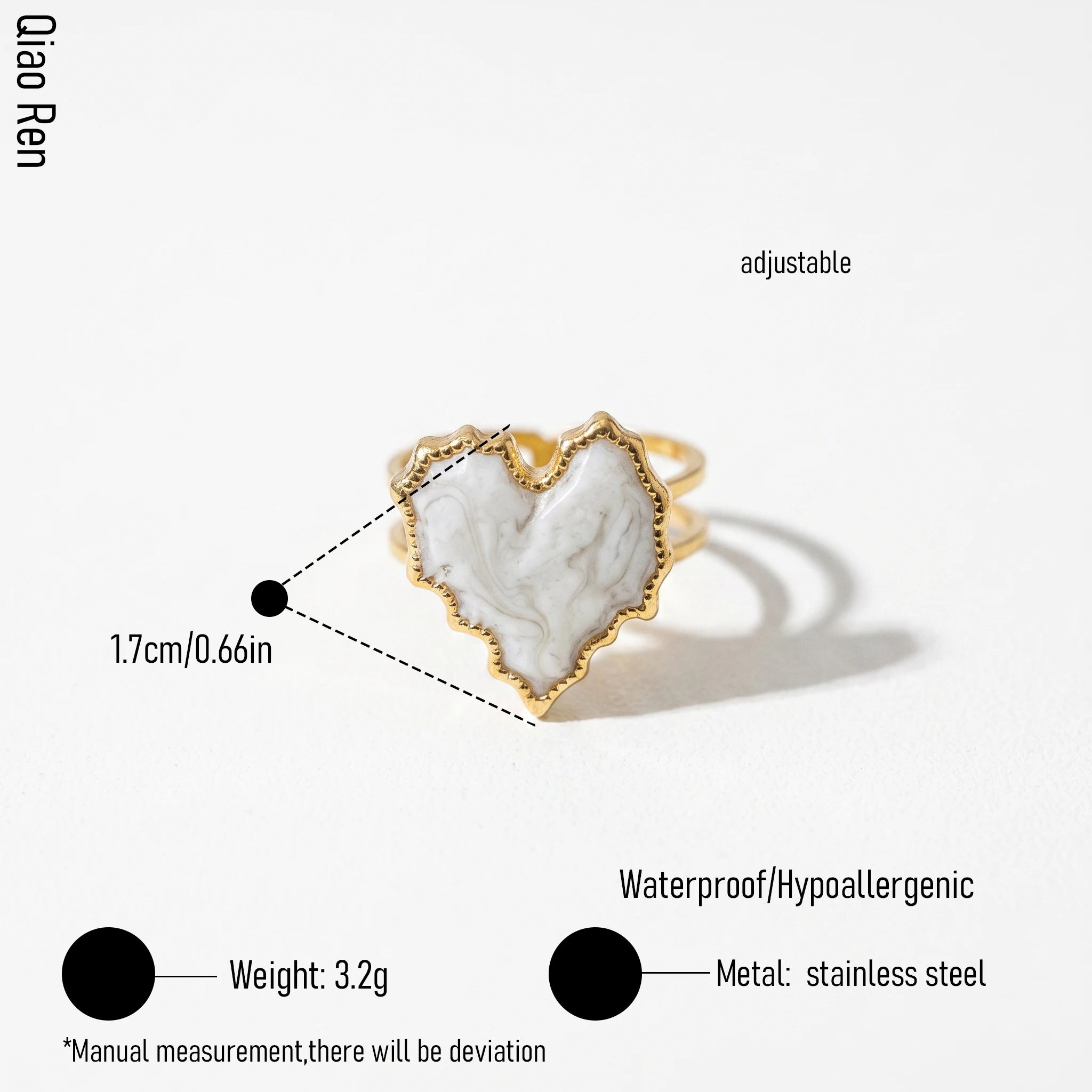 QIAOREN 14165-68 Heart & Sun Pattern Open Ring Set, White Mica Enamel Inlaid Adjustable Stackable Ring Jewelry Gift