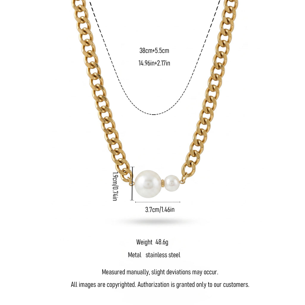QIAOREN 13996 Thick Curb Link Chain Necklace with Alternating Large and Small Round White Pearl Charms