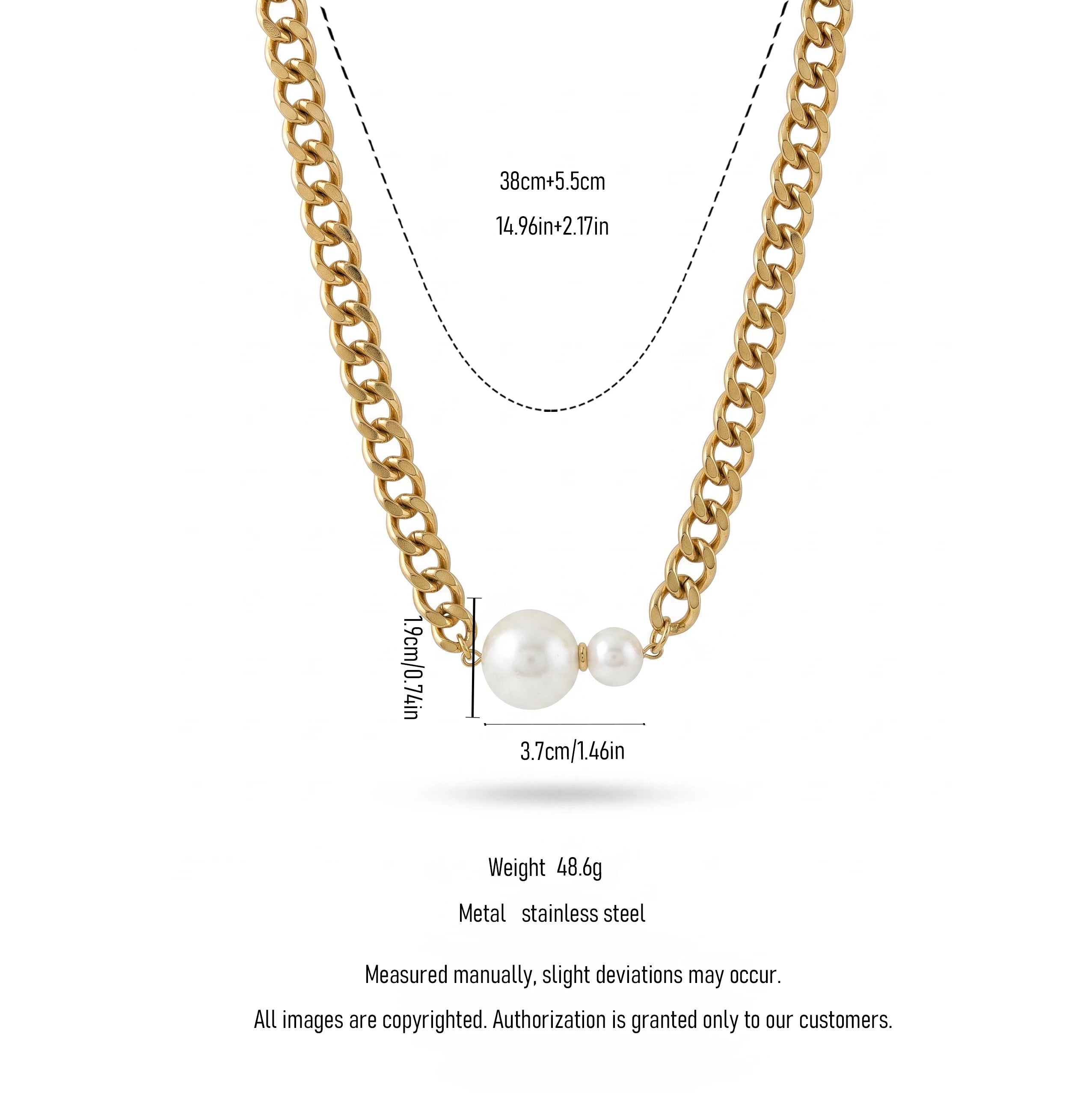QIAOREN 13996 Thick Curb Link Chain Necklace with Alternating Large and Small Round White Pearl Charms
