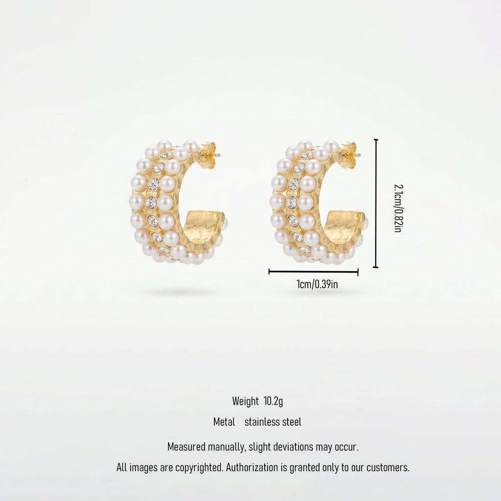 QIAOREN 12269 Elegant Vintage Pearl Crystal Earrings Gold Stainless Steel Chunky C-Hoop Bridal Statement Jewelry Gift