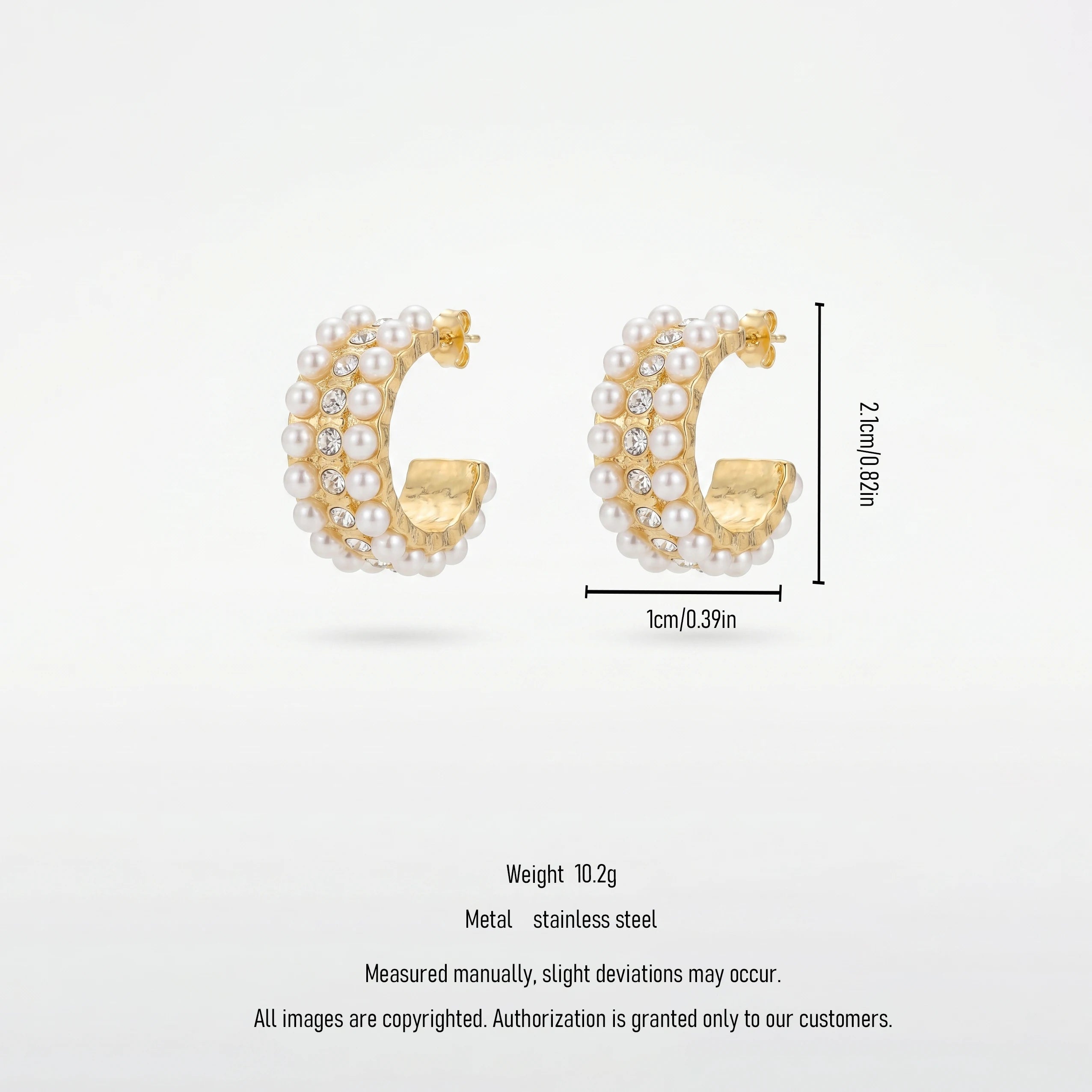 QIAOREN 12269 Elegant Vintage Pearl Crystal Earrings Gold Stainless Steel Chunky C-Hoop Bridal Statement Jewelry Gift