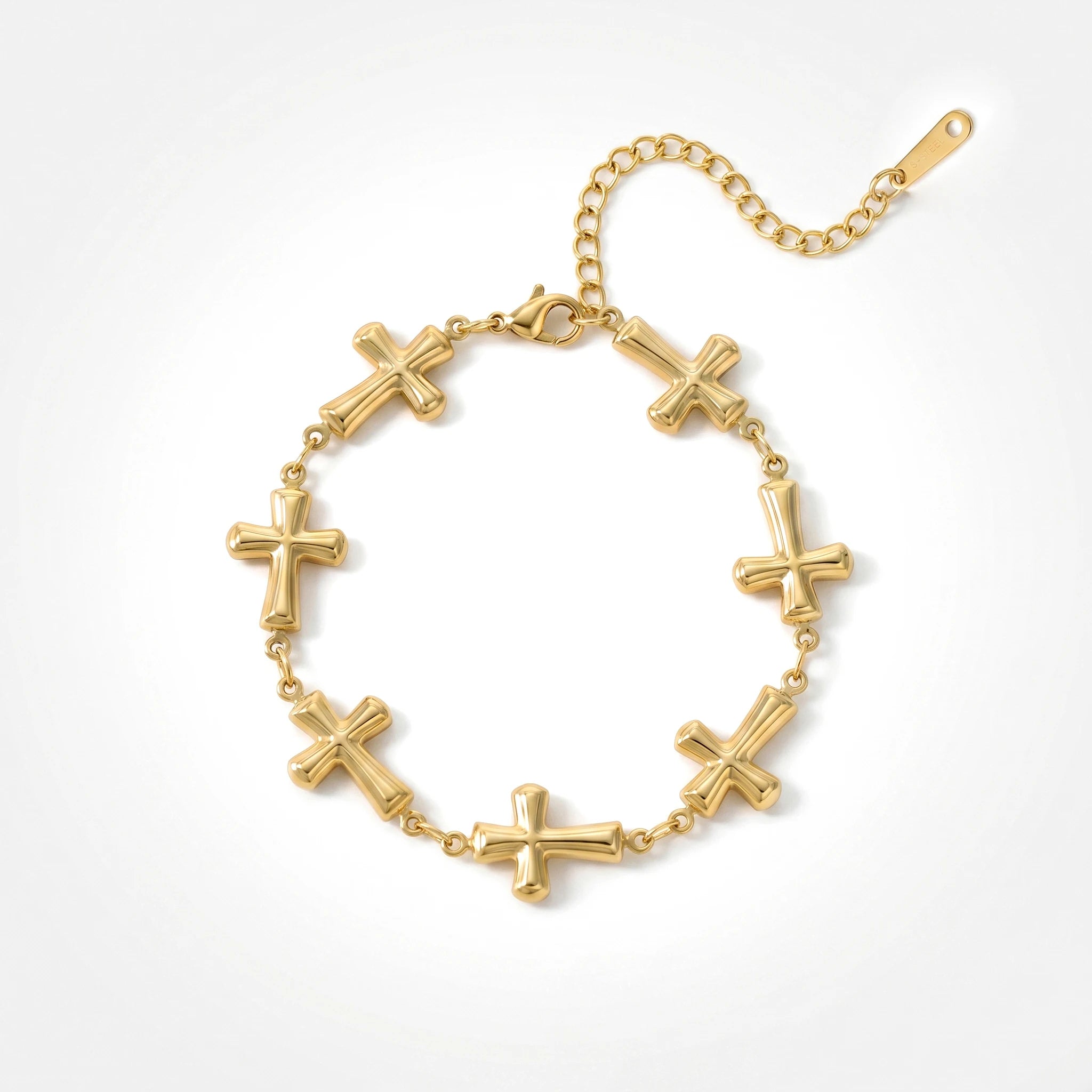 QIAOREN12057 18K Gold Plated Stainless Steel Puffy Cross Link Bracelet Adjustable  Chain Religious Trend Jewelry for US EU Women