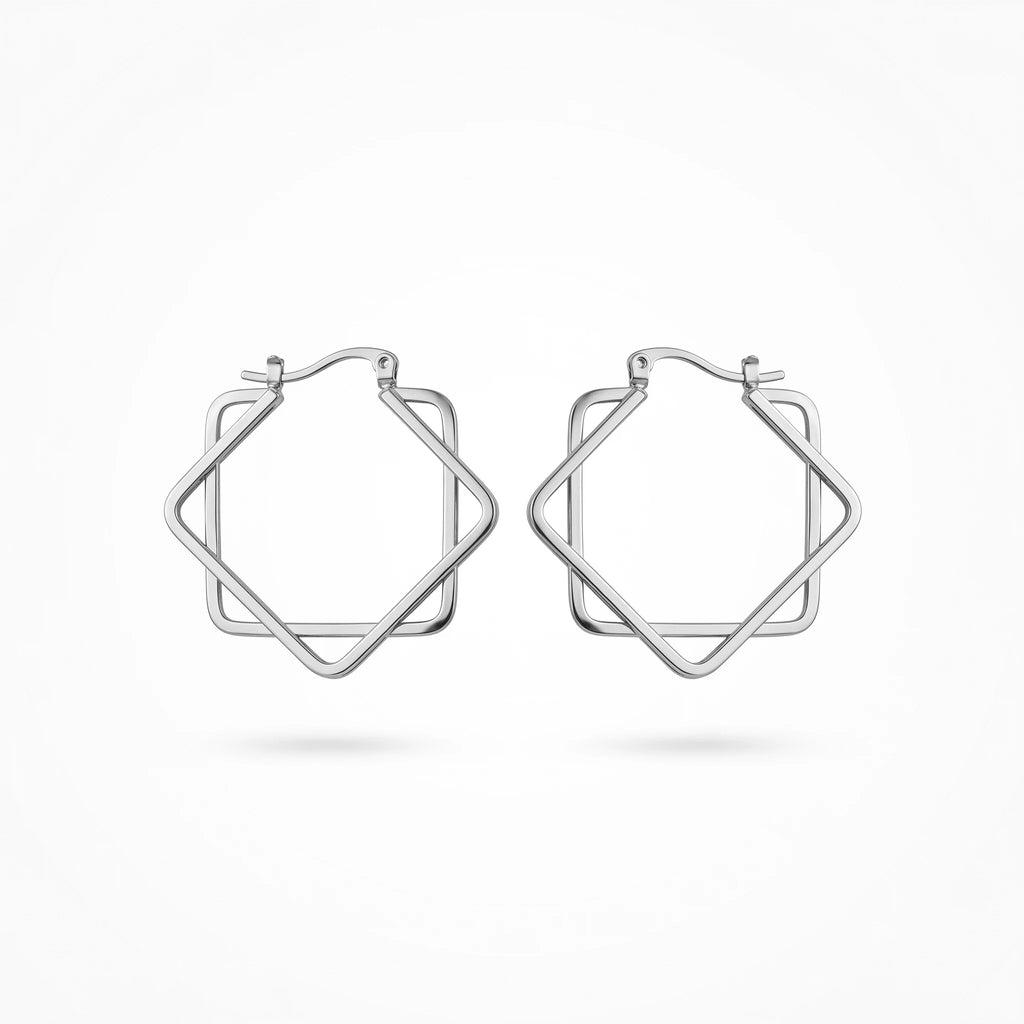 QIAOREN 12420 Trendy Geometric Double Square Hoop Earrings Gold Stainless Steel 8-Pointed Star Octagram Large Hoops Women US EU