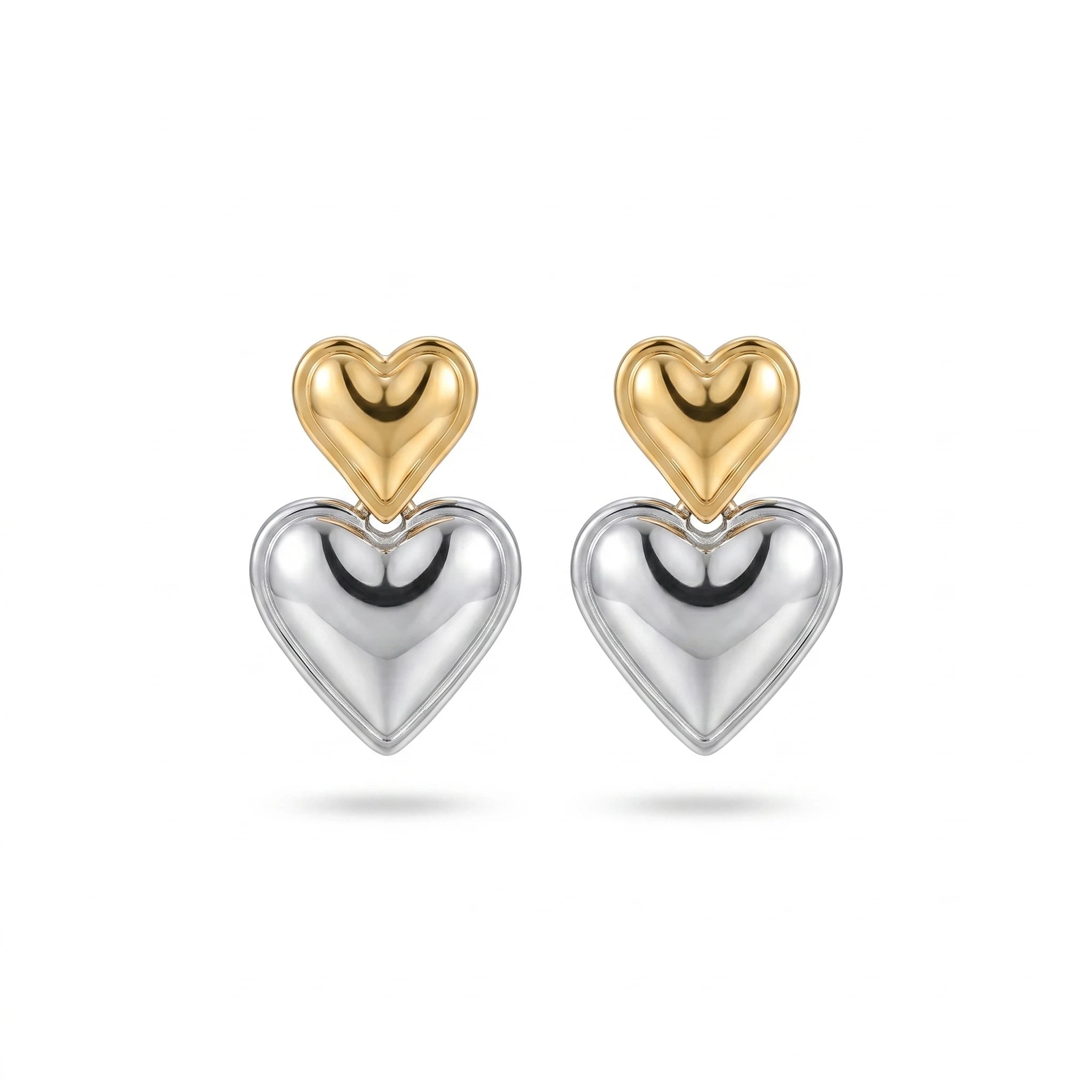 QIAOREN 12523  Two Tone Mixed Metal Double Heart Drop Earrings Gold Silver 316L Stainless Steel Puffy Heart Studs