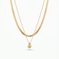 QIOAREN 12882 18K Gold Plated Herringbone Snake Chain Layered Necklace, Waterproof Tarnish Free Teardrop Pendant Stainless Steel