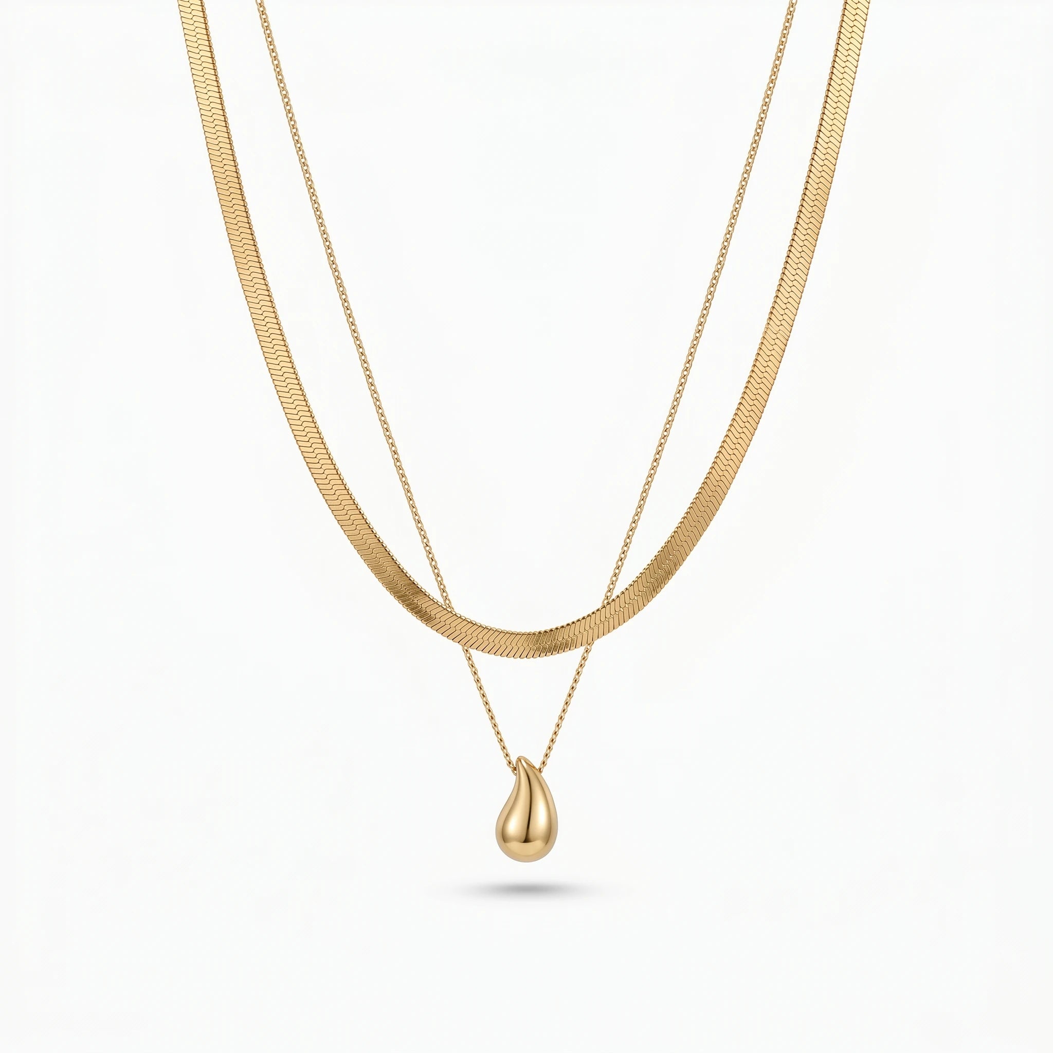 QIOAREN 12882 18K Gold Plated Herringbone Snake Chain Layered Necklace, Waterproof Tarnish Free Teardrop Pendant Stainless Steel